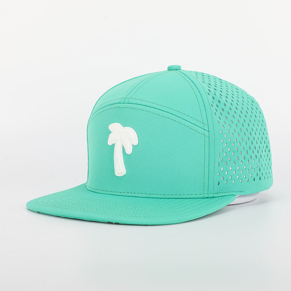 BSCI Custom High Quality 7 Panel Flat Bill Laser Cut Holes Cap,Polyester Rubber Patch Logo Waterproof Perforated Hat