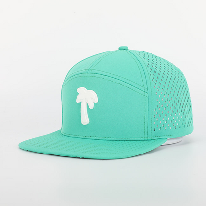BSCI Custom High Quality 7 Panel Flat Bill Laser Cut Holes Cap,Polyester Rubber Patch Logo Waterproof Perforated Hat