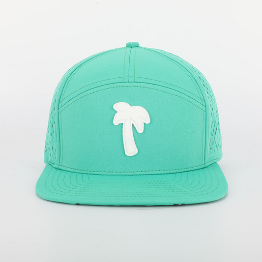 BSCI Custom High Quality 7 Panel Flat Bill Laser Cut Holes Cap,Polyester Rubber Patch Logo Waterproof Perforated Hat