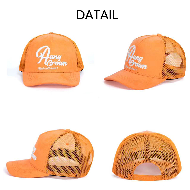 OEM Wholesale Price 5 Panel Unisex Suede Trucker Hat Custom 3D Embroidery Logo High Profile Mesh Baseball Trucker Caps