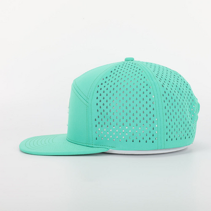 BSCI Custom High Quality 7 Panel Flat Bill Laser Cut Holes Cap,Polyester Rubber Patch Logo Waterproof Perforated Hat