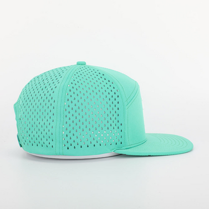 BSCI Custom High Quality 7 Panel Flat Bill Laser Cut Holes Cap,Polyester Rubber Patch Logo Waterproof Perforated Hat