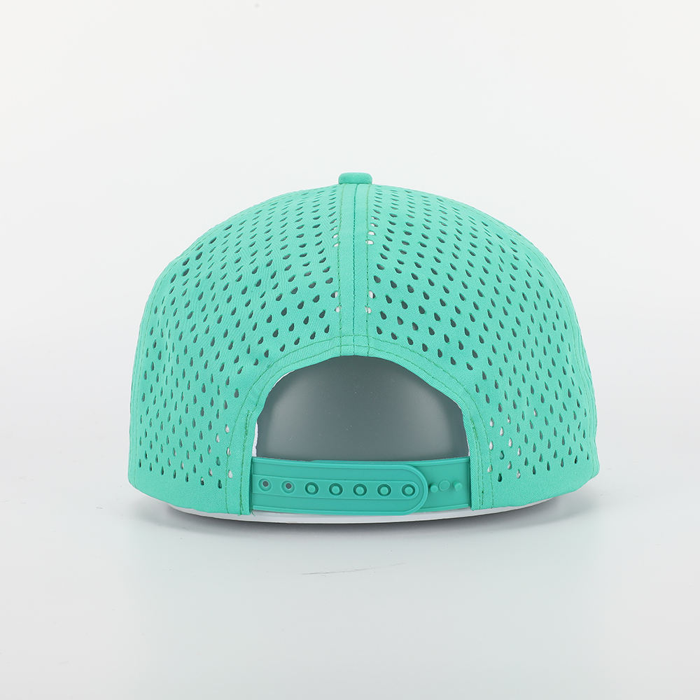 BSCI Custom High Quality 7 Panel Flat Bill Laser Cut Holes Cap,Polyester Rubber Patch Logo Waterproof Perforated Hat