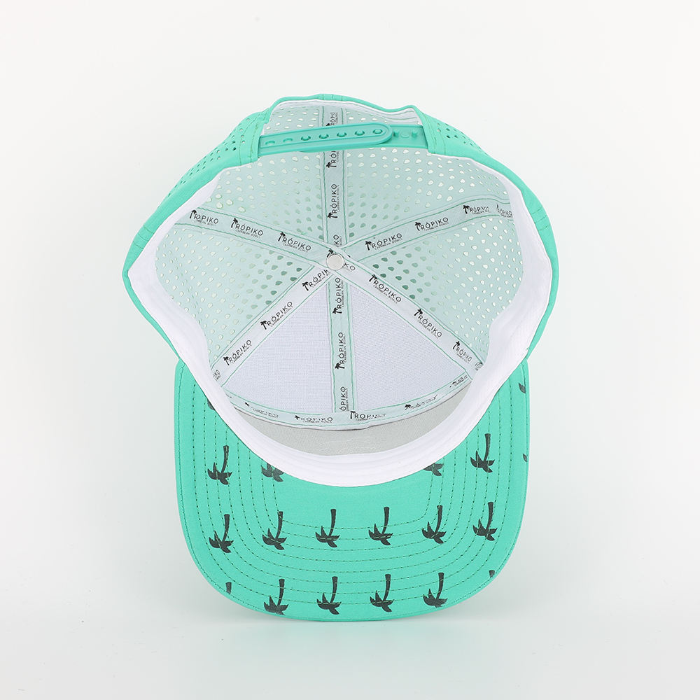 BSCI Custom High Quality 7 Panel Flat Bill Laser Cut Holes Cap,Polyester Rubber Patch Logo Waterproof Perforated Hat