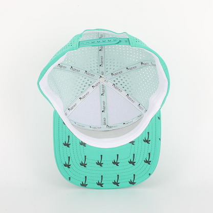 BSCI Custom High Quality 7 Panel Flat Bill Laser Cut Holes Cap,Polyester Rubber Patch Logo Waterproof Perforated Hat