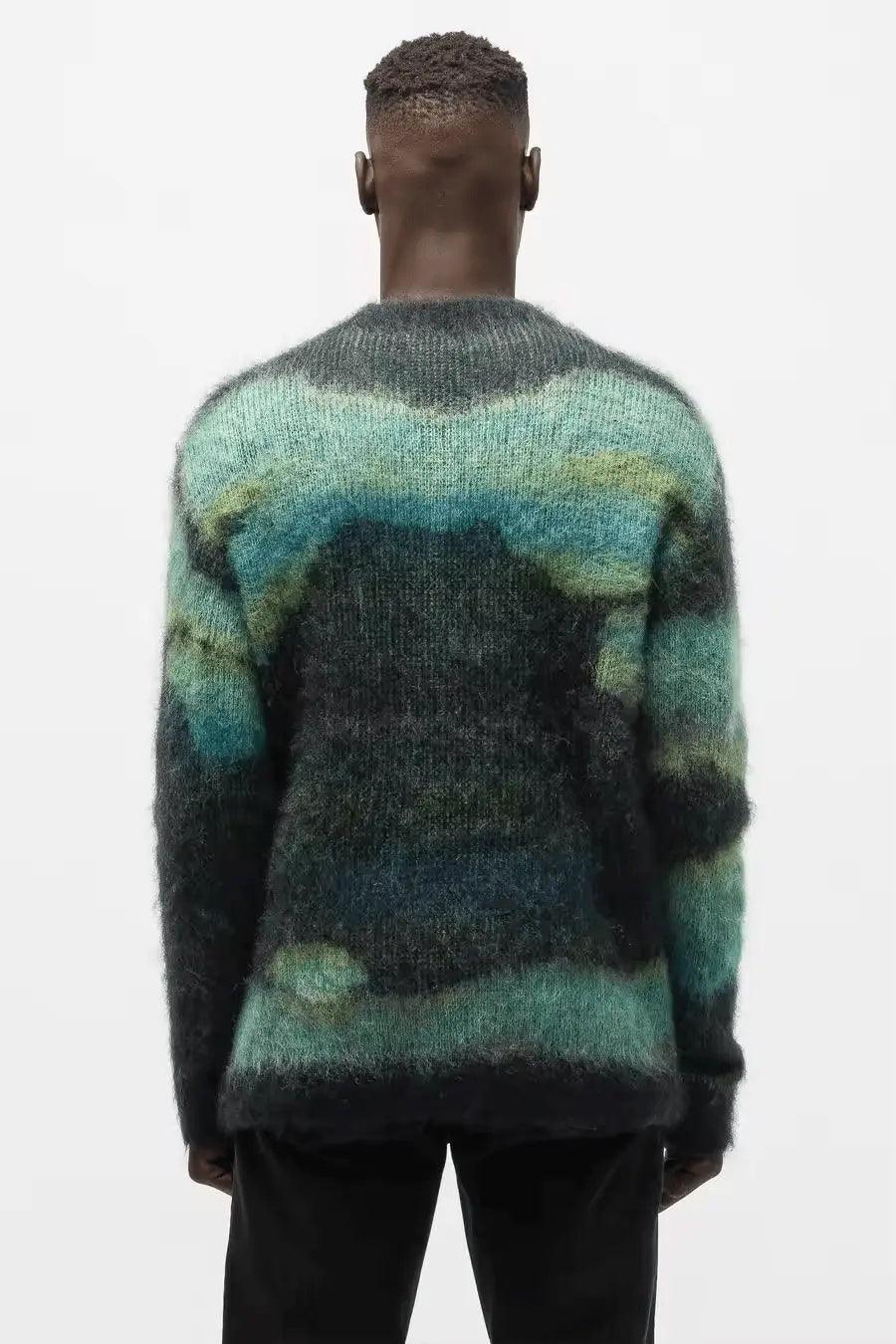 2024  CengLuanDieZhang Custom LOGO men mohair sweater Fuzzy Jacquard Pattern pullover knit jumper crew neck knitwear winter mohair knitted sweater men CengLuanDieZhang