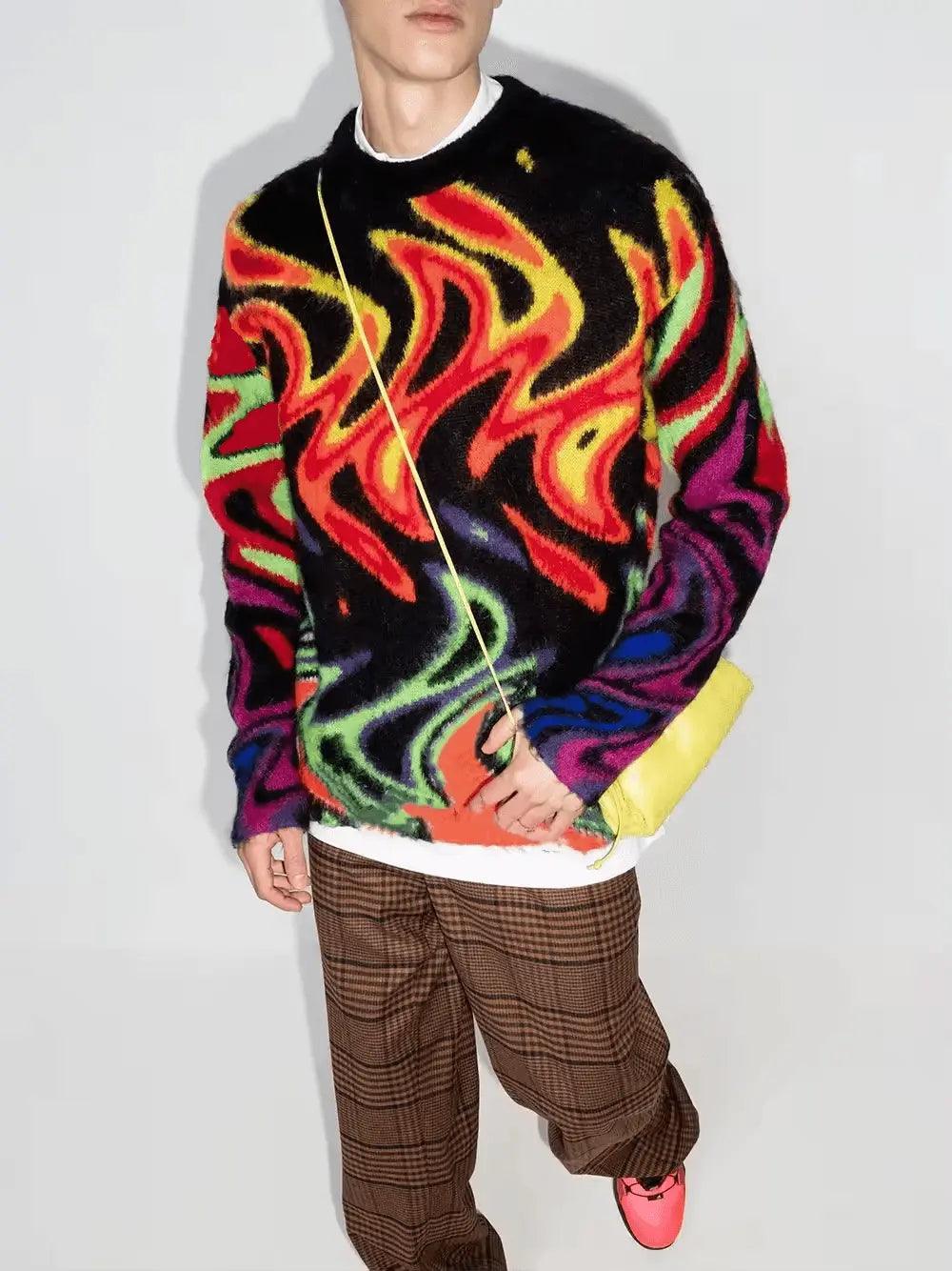 2024  CengLuanDieZhang Custom LOGO men mohair sweater Jacquard Pattern knitwear Long Sleeve Knit jumper winter casual crew neck knitted sweater men CengLuanDieZhang