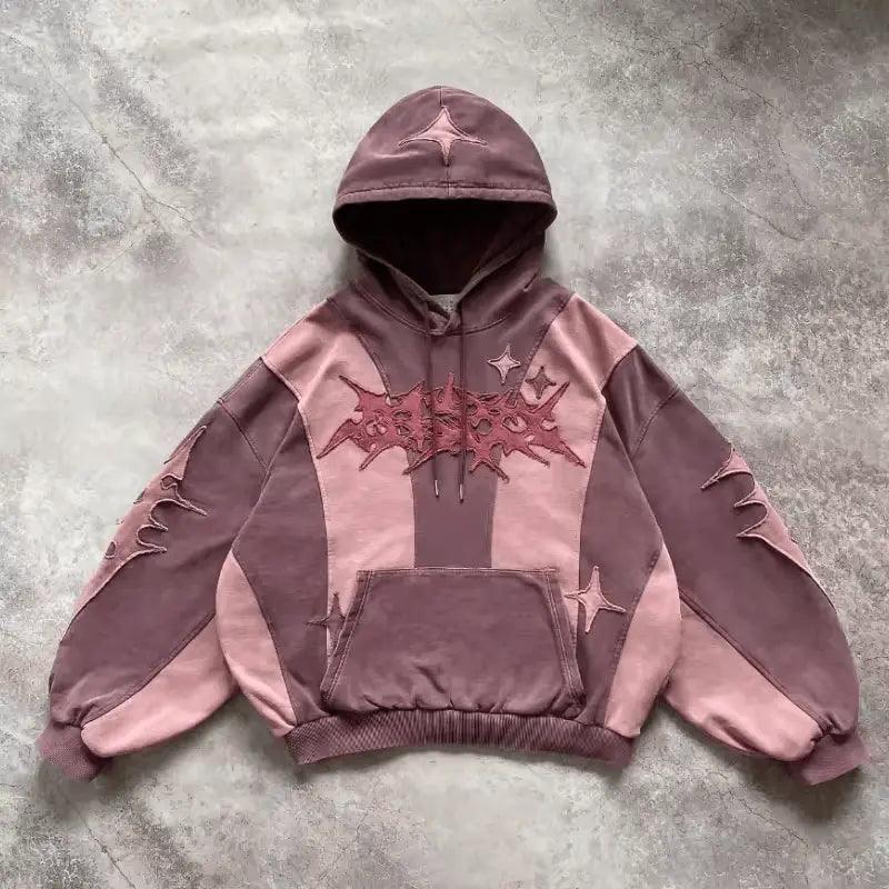 2024  CengLuanDieZhang Vintage Washing Color Block Stitching Hoodie Embroidery Appliques Trendy Oversized Boxy Hoodies CengLuanDieZhang