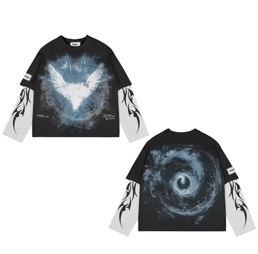 2024 CengLuanDieZhang custom LOGO Double Layer Sleeves Patchwork Vintage T Shirt Streetwear Dtg Print Shirts Oversized Acid Wash Tee My Store
