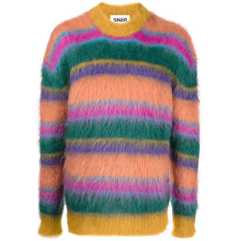 2024  CengLuanDieZhang  men mohair sweater Fuzzy Striped knit pullover knitwear Long Sleeve knitted crew neck winter mohair sweater men CengLuanDieZhang