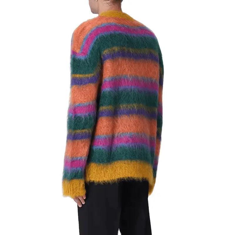 2024  CengLuanDieZhang  men mohair sweater Fuzzy Striped knit pullover knitwear Long Sleeve knitted crew neck winter mohair sweater men CengLuanDieZhang