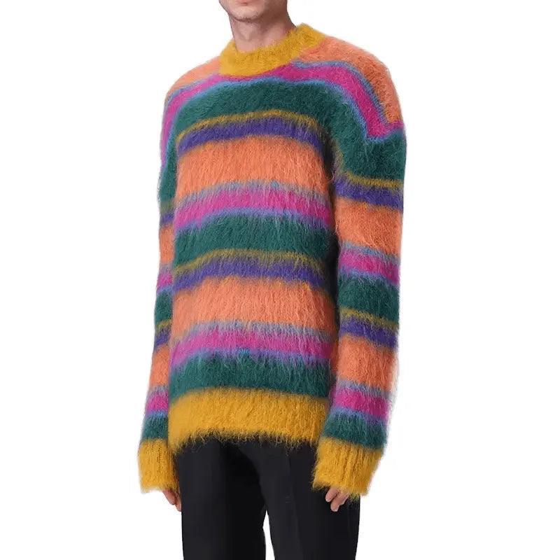 2024  CengLuanDieZhang  men mohair sweater Fuzzy Striped knit pullover knitwear Long Sleeve knitted crew neck winter mohair sweater men CengLuanDieZhang
