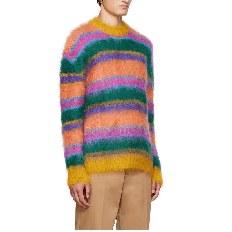 2024  CengLuanDieZhang  men mohair sweater Fuzzy Striped knit pullover knitwear Long Sleeve knitted crew neck winter mohair sweater men CengLuanDieZhang