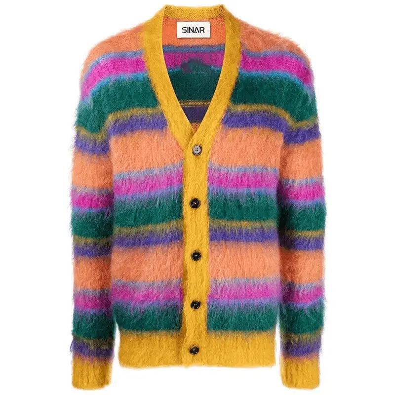 2024  CengLuanDieZhang  men mohair sweater Fuzzy Striped knit pullover knitwear Long Sleeve knitted crew neck winter mohair sweater men CengLuanDieZhang