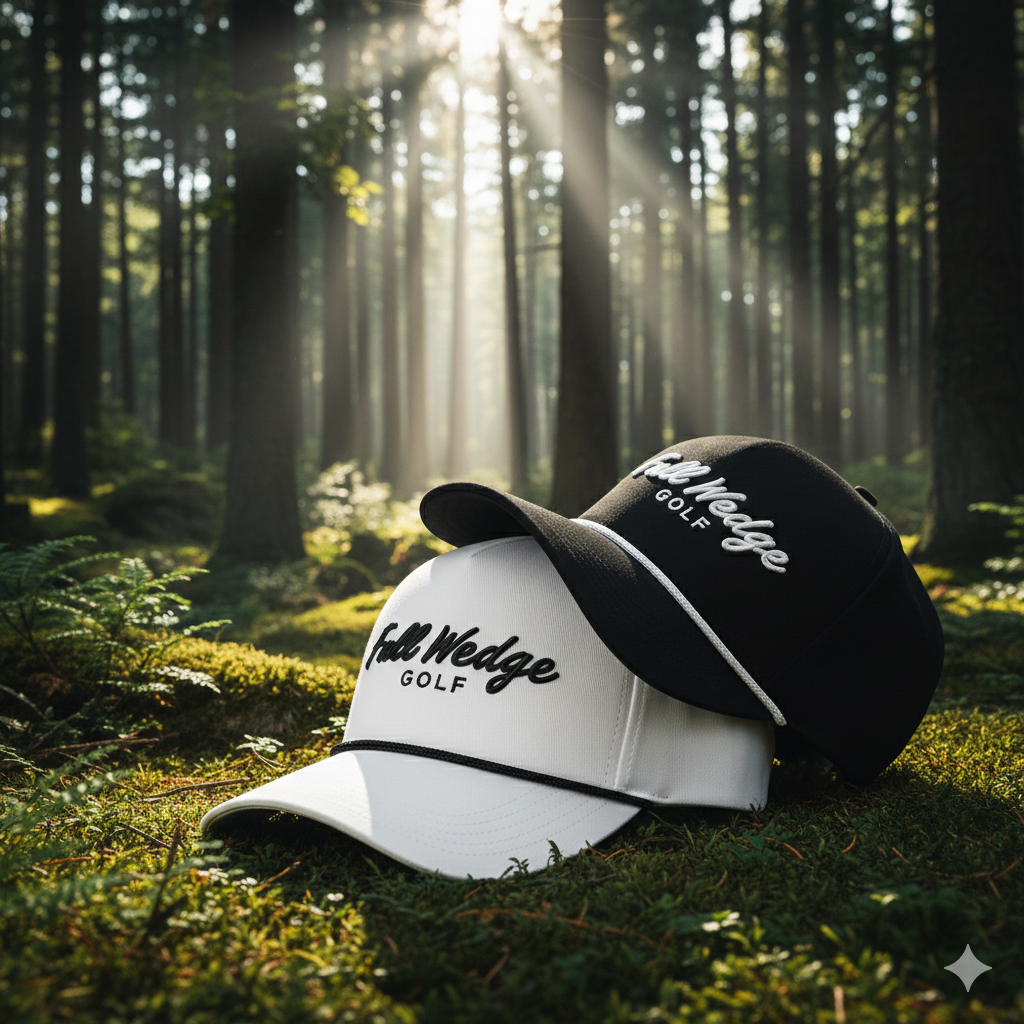 Two professional golf hats in black and white with 'Full Wedge Golf' 3D embroidery and rope detail.