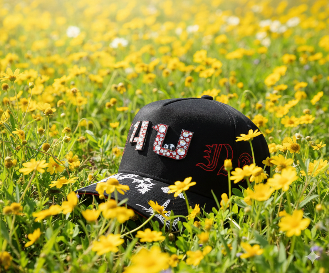 Premium black baseball hat with red Gothic embroidery and crystal accents on a mossy forest floor background with sunlight.